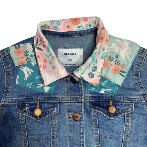 Old Navy Denim Jean Jacket Trucker Pink Aqua Blue Bunny Charm Crafted Girls Med - Picture 4 of 12